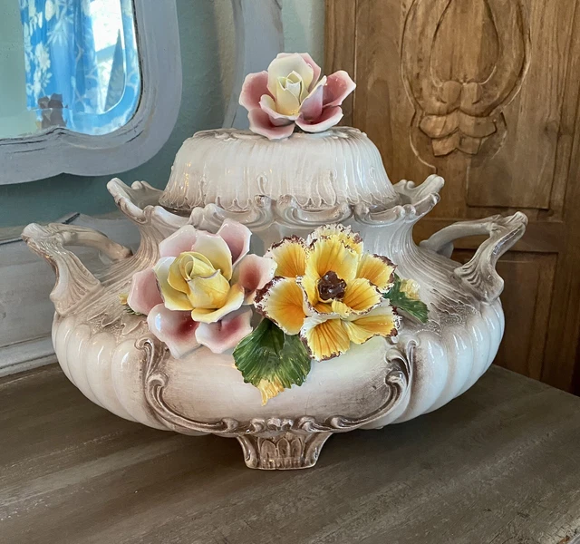 VTG CAPODIMONTE ITALIAN porcelain large tureen & lid pink roses sunflowers £98.95 PicClick UK