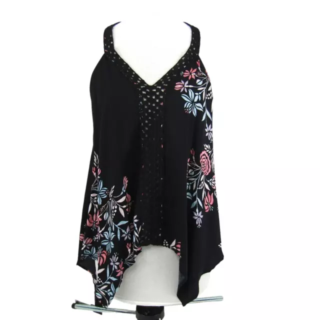 Ella Moss Black Floral Racerback Swing Tank Top Size S Sleeveless Crochet Strap