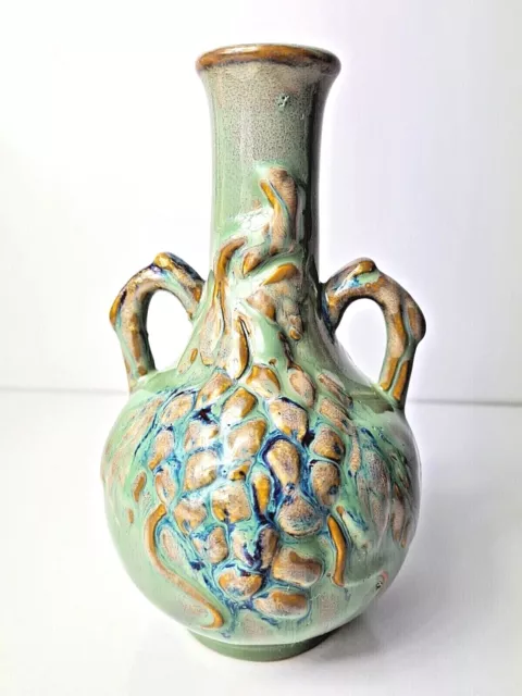 Double Handled Vase with Textured Grape Design Studio Glazed Art Pottery 20cm