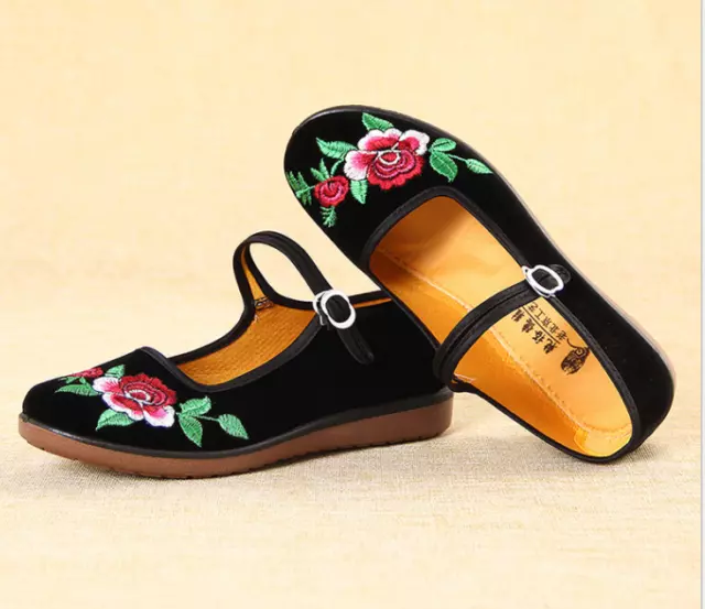 Women's Retro Chinese Floral Mary Jane Flats Work Mom's Buckle Dancing Shoes