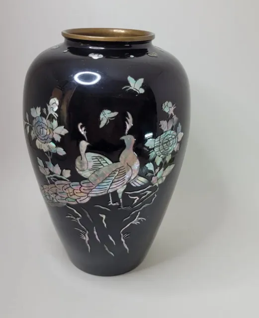Black Enamel & Mother of Pearl Vase Asian Style Peacock Flowers Decor Metal 9"