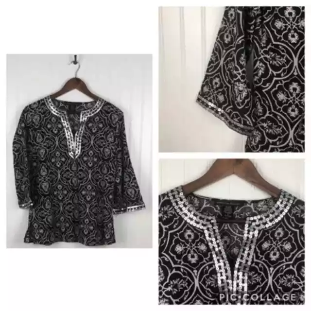 Marina Luna Blouse Womens Size S Black Grey Damask Tunic Sequin Split V-neckline