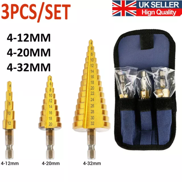 3Pcs Large HSS Steel Step Cone Drill Titanium Bit Set Hole Cutter 4-12/20/32mm