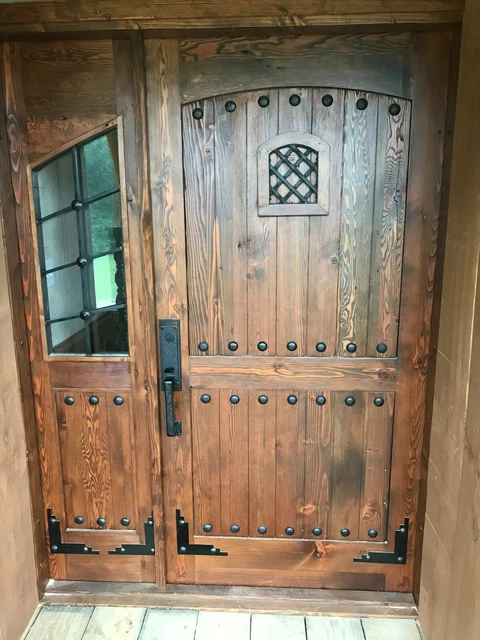 Rustic reclaimed lumber DOOR square top side lites architectural glass speakeasy