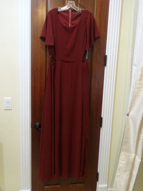 LULUS Size 1X Burgundy Garden Bliss Cutout Maxi Dress - chiffon, front side slit