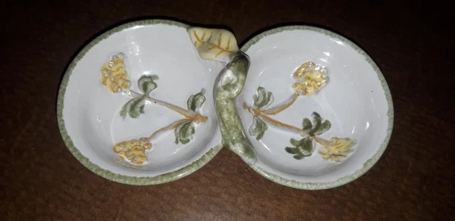 Italian Art Pottery Double Bowl w/ Handle Serving Dish Olive Green Hand Painted