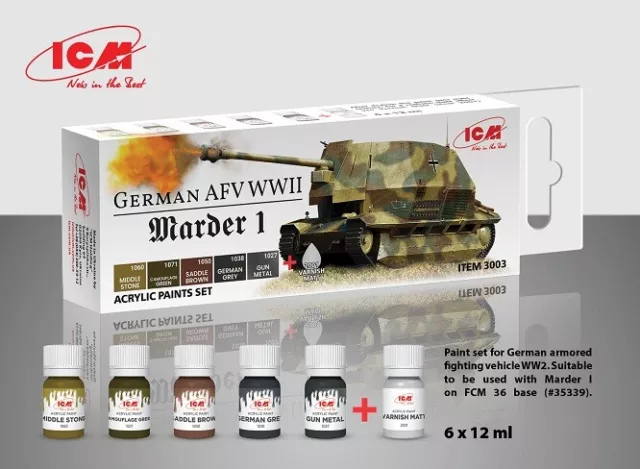 ICM 3003 - Set vernici acriliche per tedesco AFV SECONDA GUERRA MONDIALE (Marder I) 6 x 12 ml - Nuovo