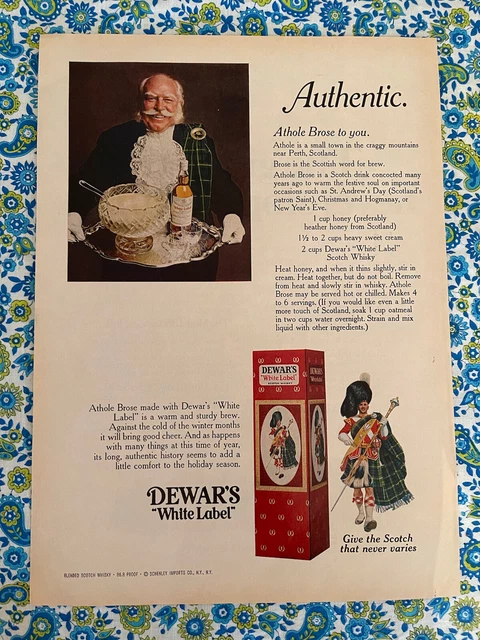 Vintage 1970 Dewar’s White Label Scotch Print Ad “Athole Brose” Recipe-Ad Only