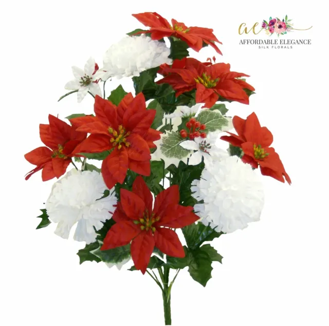 21" Red White Poinsettias Carnation Mix Bush Christmas Silk Artificial Fake Faux