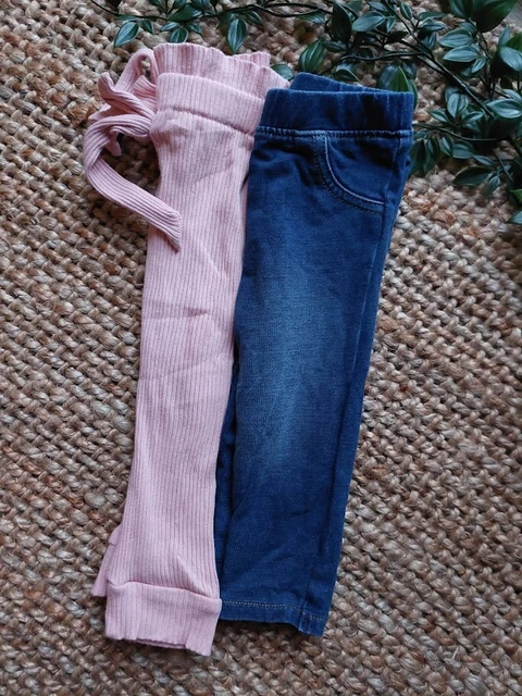 Baby Girls Leggings Bundle 2 Pairs Pink Ribbed & Denim Jeggings Size 6-9 Months