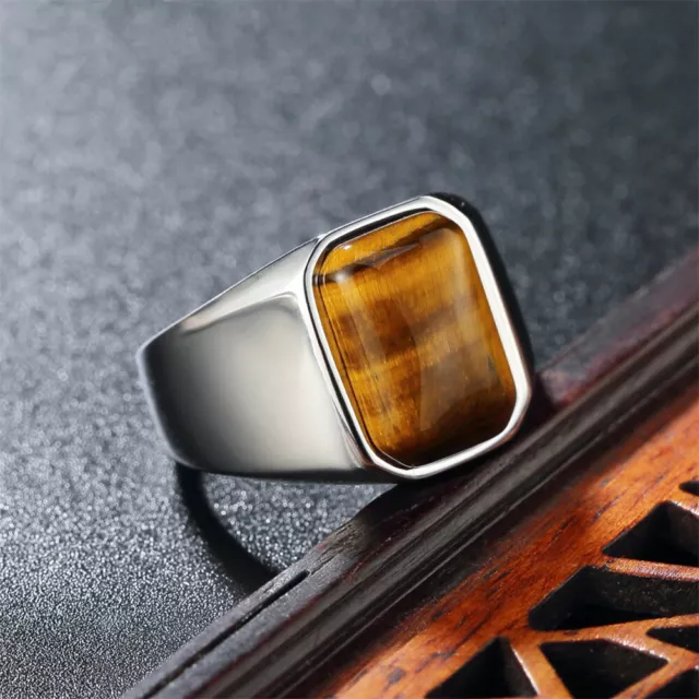 Man Real Stainless Steel Band Solid Tiger's Eye Square Stone Ring Size 7-12·