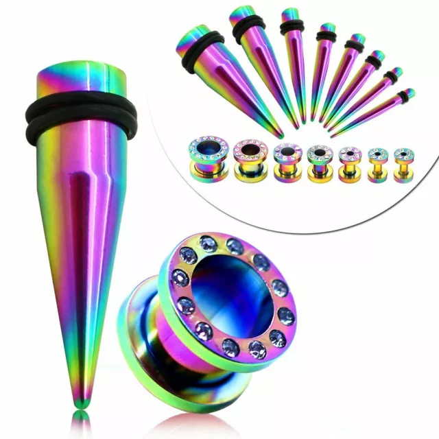 Rainbow Edelstahl Flesh Tunnel Plug Dehnstab Dehnungsset Ohr Piercing Strass