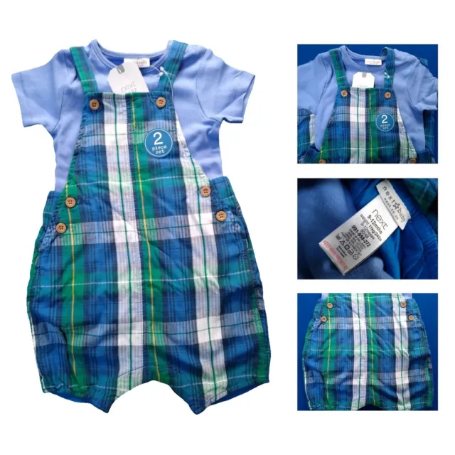 NEXT Baby Boy Dungarees & Bodysuit Set Short Blue Plaid Outfit Age 9 12 Months