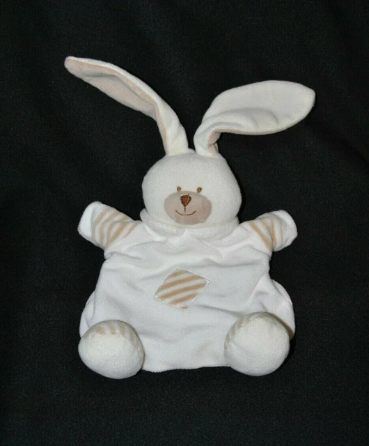 Peluche doudou marionnette lapin PUSBLU DM blanc beige brun grelot NEUF