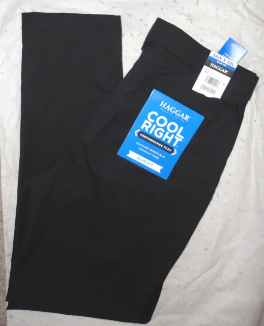 HAGGAR Men COOL RIGHT PERFORMANCE FLEX SLIM-FIT BLACK DRESS PANTS~34 X 31/32~NEW