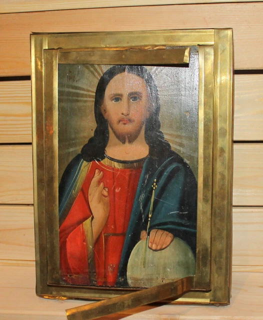 Vintage hand made Orthodox icon with brass frame Jesus Christ