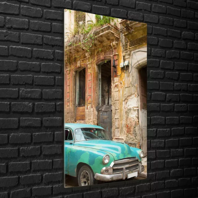 Wandbilder Glasbilder XXL 70x140 Klassisches altes Auto Straßen von Kuba