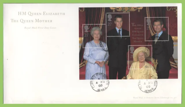 G.B. 2000 Queen Mother M/S on Royal Mail First Day Cover, Clarence Rd. Windsor