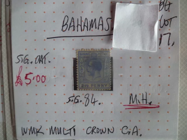 BAHAMAS KGV 2 1/2d    SG.84  M.H. WATERMARK MULTI CROWN