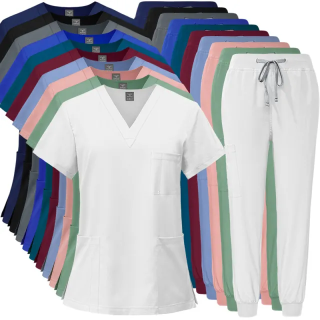 Unisex Stretch Medical Nurse Uniform Men Women Scrub Set V-Neck Top Jogger Pants