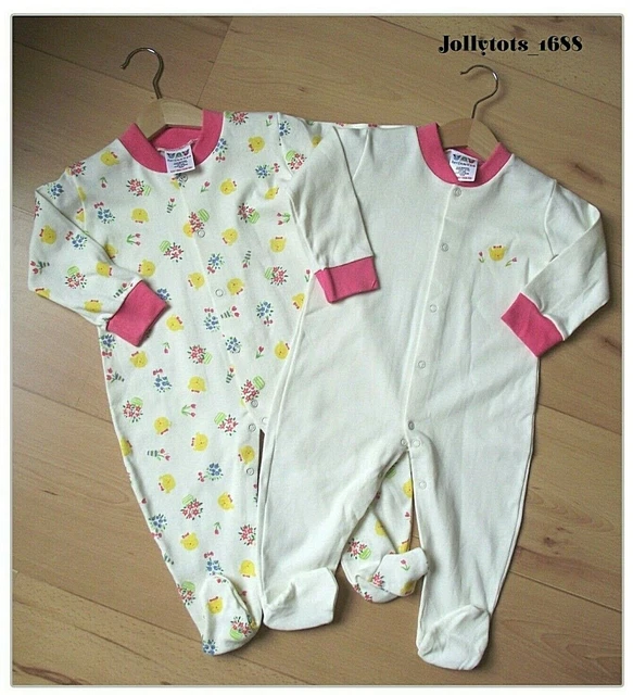 Baby Girls Babygrow 2 Pack Set Novelty Flowers & Bears Sleepsuits 9-12 Mths NEW