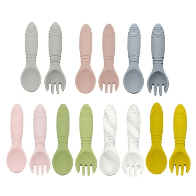 2pcs/set Baby Training Short Handle Silicone Fork Spoon Kit Infant Tableware