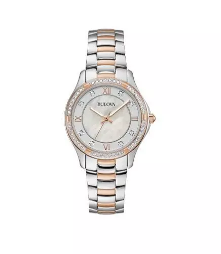 Bulova Women's Quartz Crystal Accents Silver Rose Gold Watch 33MM 98L304