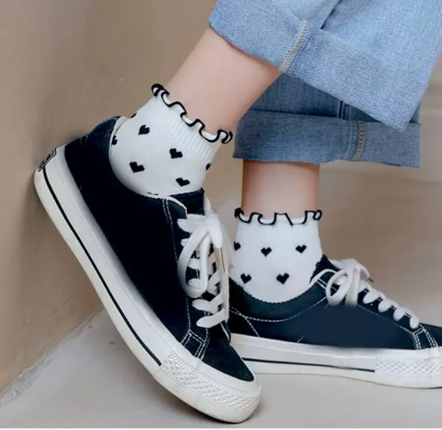 Women Ankle Cotton Fashion Socks Black White  1 Pair Quality Hearts Rectangular