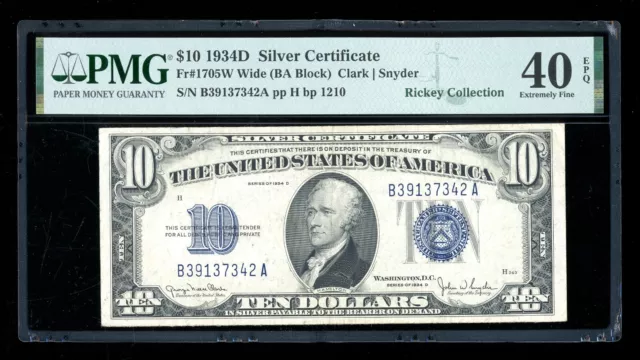 DBR 1934-D $10 Silver Wide Fr. 1705W PMG XF-40 EPQ Serial B39137342A