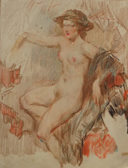 Hermann Torggler, Weiblicher Akt mit Hut, kleine Buntstiftzeichnung, ca 1920,