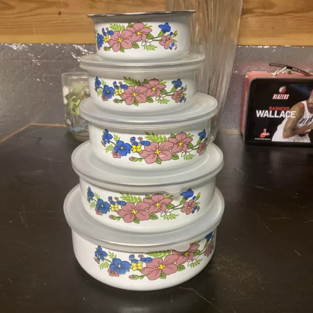 Tazones 5 piezas Esmalte Creativo Flor Animal Ensalada Contenedor de Alimentos con Cubierta de Plástico