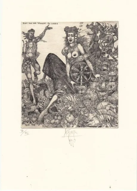 Exlibris Bookplate Radierung Harry Jürgens Nu Féminin Nue Masculine Crâne Nu