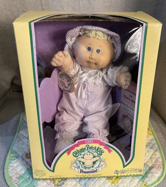 1985 Coleco Cabbage Patch Kids Preemie Girl Doll Blonde Tuft Blue Eyes in Box