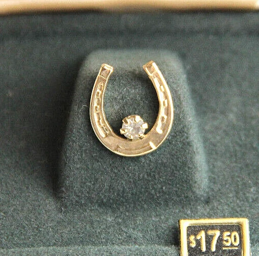 Anson Horseshoe Rhinestone Tie Tack w/ Chain Clutch w Original Velveteen Case