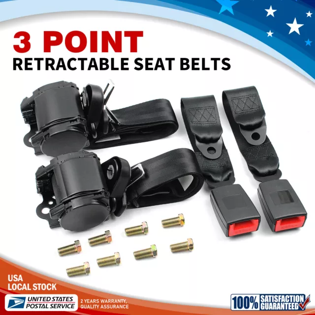 2 Retractable 3 Point Safety Seat Belt Straps Car Vehicle Adjustable Belt Kit