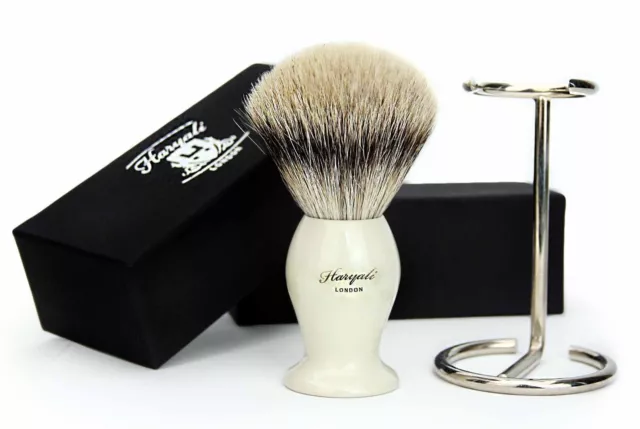 Pure Silver Tip Badger Hair Shaving Brush In White Handle & Brush Stand For Mens
