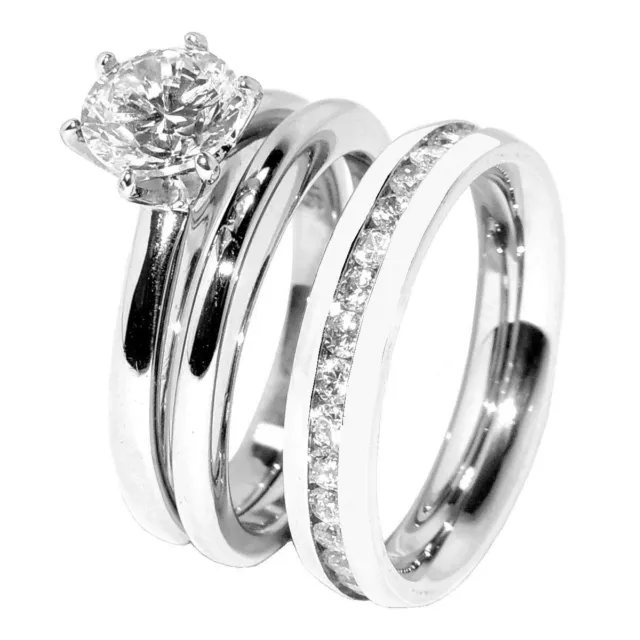 His Hers 3 PCS Stainless Steel Womens Wedding Ring Set Mens CZ All Around Band