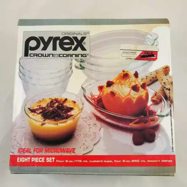 Vintage "Originals" PYREX CROWN CORNING 8 Piece Set In Original Box Dessert Dish