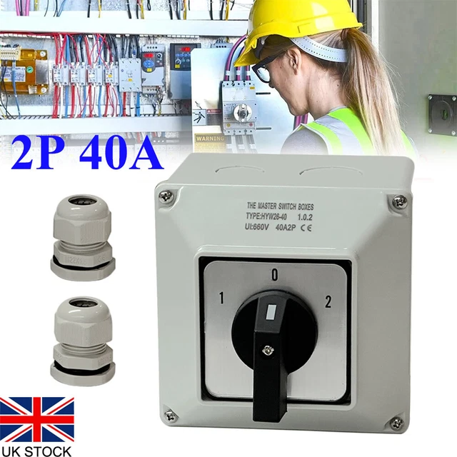 2 POLE IP65 40Amp Enclosed Change Over Switch 3 Position Rotary ...