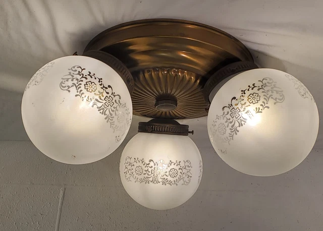 Vintage Mid Century Modern Art Deco 3 Globe Orb Flush Mount Brass Light Fixture