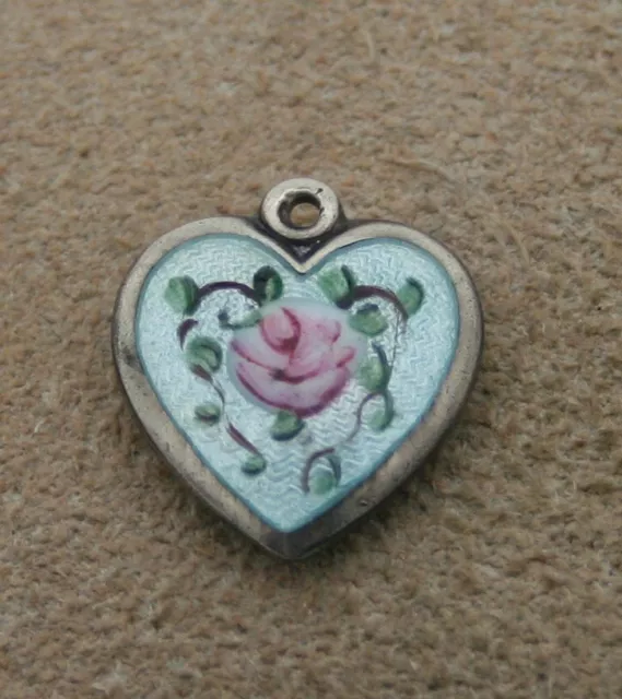 VINTAGE STERLING PUFFY HEART CHARM - Lampl Guilloche with Blue Enamel & Pink Ros