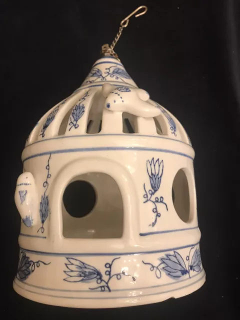 9" BAUM BRO FORMALITIES Porcelain Pottery Ornate Painted Hanging Bird Cage B2.