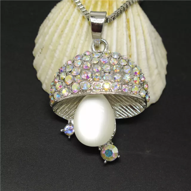 Hot  Betsey Johnson Silver Cute Bling Mushroom Crystal Pendant Chain Necklace
