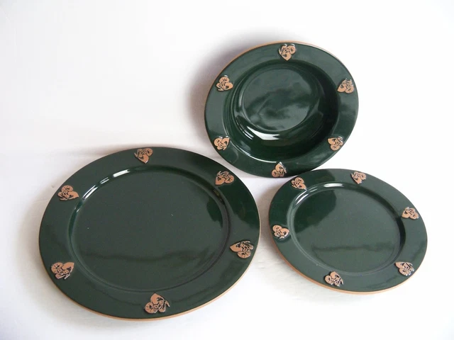 3 Pc Frankoma Forest Green LONG HORNED SHEEP Dinner, Salad, Bowl, Place Setting