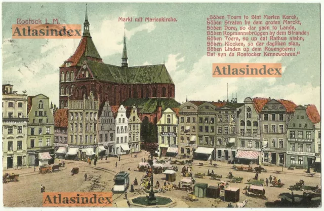 Postcard Rostock i.M. market with Marienkirche - with plate - sayings 1912