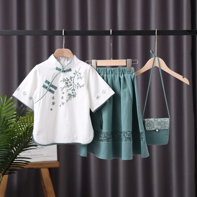 2pcs Bambino Ragazze Ttang Abito Completo T-Shirt Gonna Set Ricamo