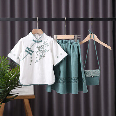 2pcs Kid Girls Tang Suit Outfit Short Sleeve T-shirt Skirt Set Embroidery Floral