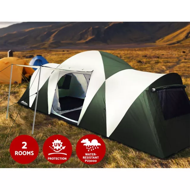 Family Camping Tent 10-12 Person Hiking Dome Tents (3 Rooms) Shade Awning