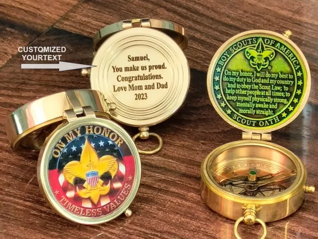 "On My Honor Timeless Values" Boy Scout Oath Personalized Brass Compass Gift.