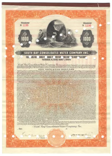 South Bay Comsolidated Water Company Bond Certificate (Long Island, New York)